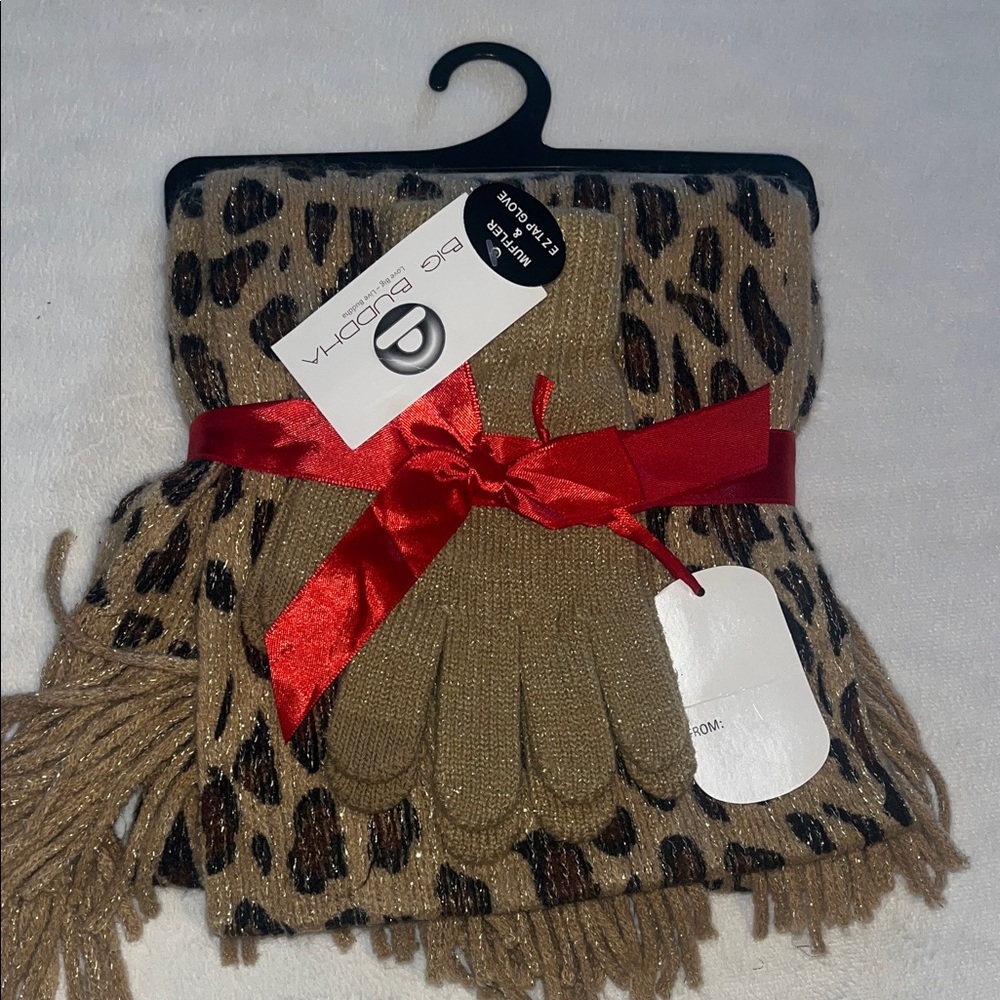 Big Buddha Leopard Print Scarf and Glove Set - Tan and Black